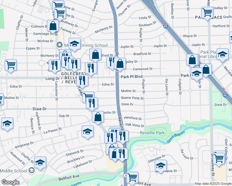 map of restaurants, bars, coffee shops, grocery stores, and more near 7546 Moline Street in Houston