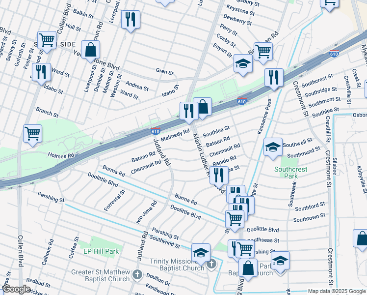 map of restaurants, bars, coffee shops, grocery stores, and more near 5201 Bataan Road in Houston