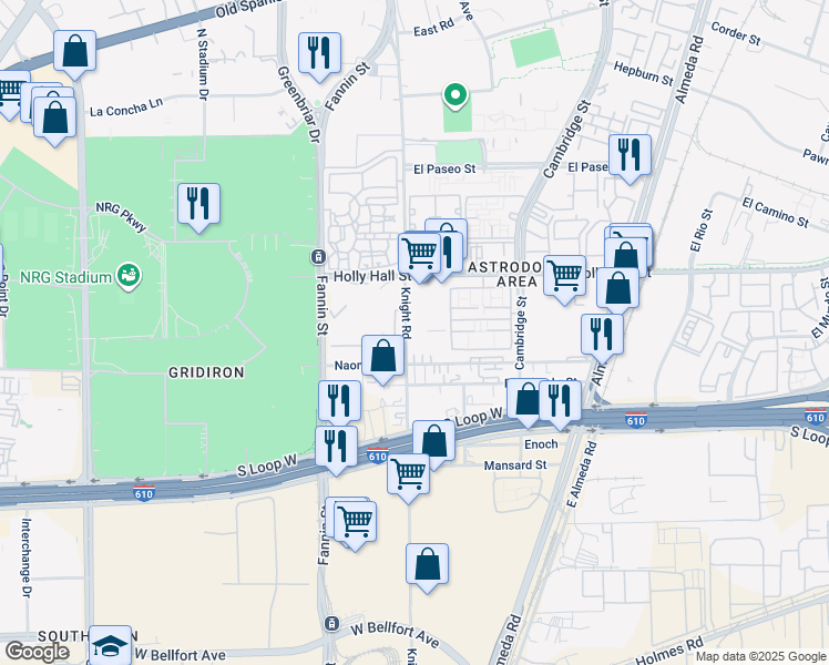 map of restaurants, bars, coffee shops, grocery stores, and more near 8315 Knight Road in Houston