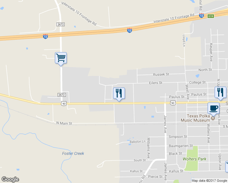map of restaurants, bars, coffee shops, grocery stores, and more near 106 Meadow Drive in Schulenburg