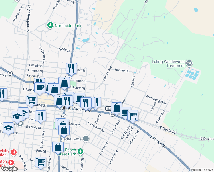 map of restaurants, bars, coffee shops, grocery stores, and more near 1110 Lamar Street in Luling