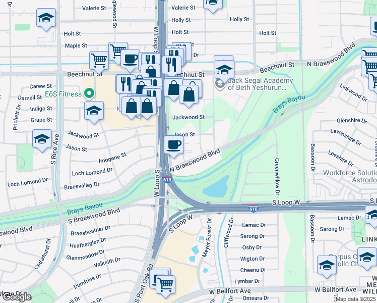 map of restaurants, bars, coffee shops, grocery stores, and more near 4620 North Braeswood Boulevard in Houston