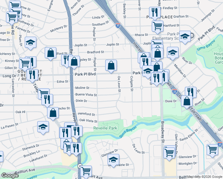 map of restaurants, bars, coffee shops, grocery stores, and more near 7742 Moline Street in Houston
