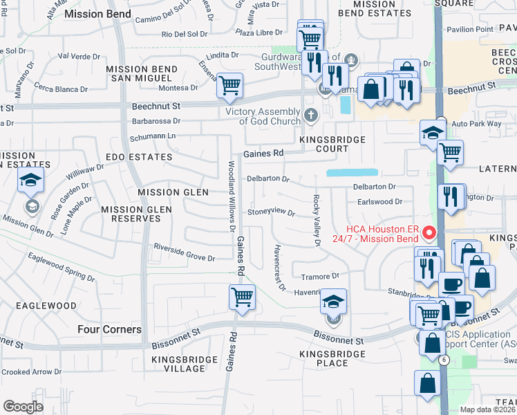 map of restaurants, bars, coffee shops, grocery stores, and more near 15214 Stoneyview Dr in Houston