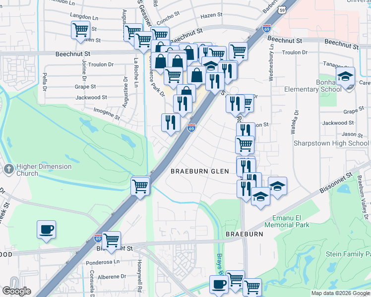map of restaurants, bars, coffee shops, grocery stores, and more near 9210 Mahoning Dr in Houston