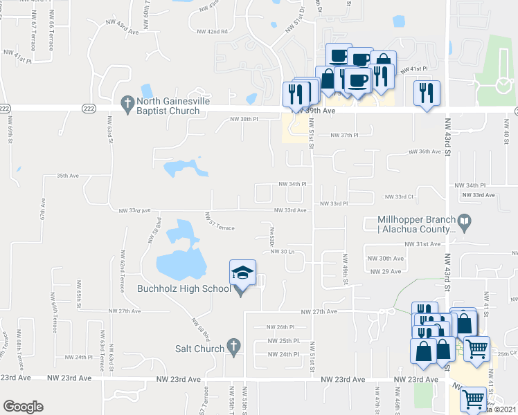 map of restaurants, bars, coffee shops, grocery stores, and more near 5413 Northwest 33rd Place in Gainesville