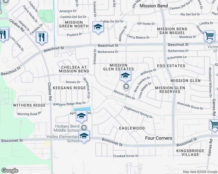 map of restaurants, bars, coffee shops, grocery stores, and more near 16202 Mission Glen Drive in Houston