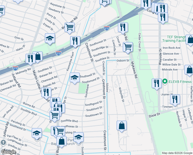 map of restaurants, bars, coffee shops, grocery stores, and more near 5943 Southmund Street in Houston