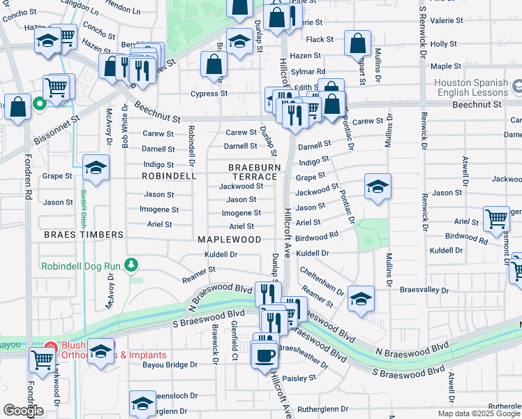 map of restaurants, bars, coffee shops, grocery stores, and more near 5818 Imogene Street in Houston