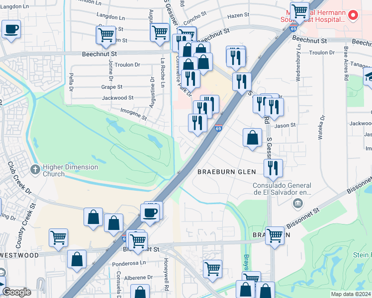 map of restaurants, bars, coffee shops, grocery stores, and more near 9116-9120 Southwest Fwy in Houston