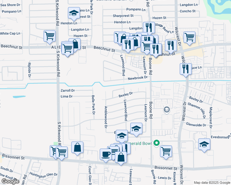 map of restaurants, bars, coffee shops, grocery stores, and more near 11442 Cheviot Circle in Houston