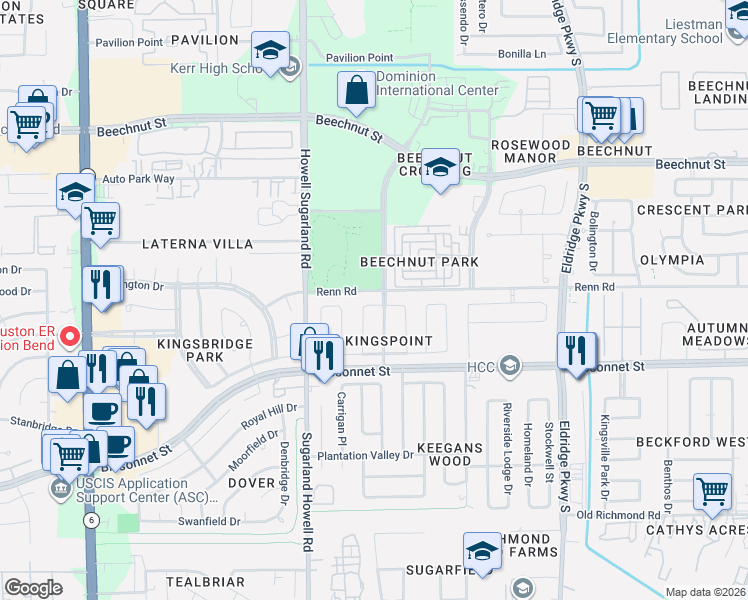 map of restaurants, bars, coffee shops, grocery stores, and more near 13902 Greenside Drive in Houston