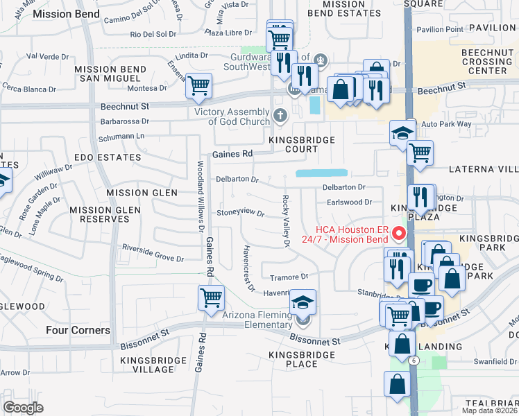 map of restaurants, bars, coffee shops, grocery stores, and more near 15114 Stoneyview Drive in Houston