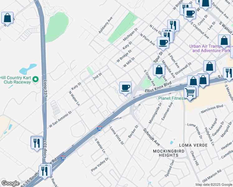 map of restaurants, bars, coffee shops, grocery stores, and more near 2481 West San Antonio Street in New Braunfels