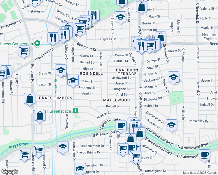 map of restaurants, bars, coffee shops, grocery stores, and more near 5934 Imogene St in Houston