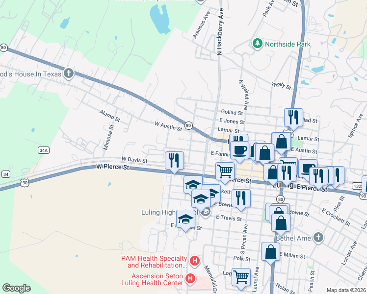 map of restaurants, bars, coffee shops, grocery stores, and more near 120 West Fannin Street in Luling