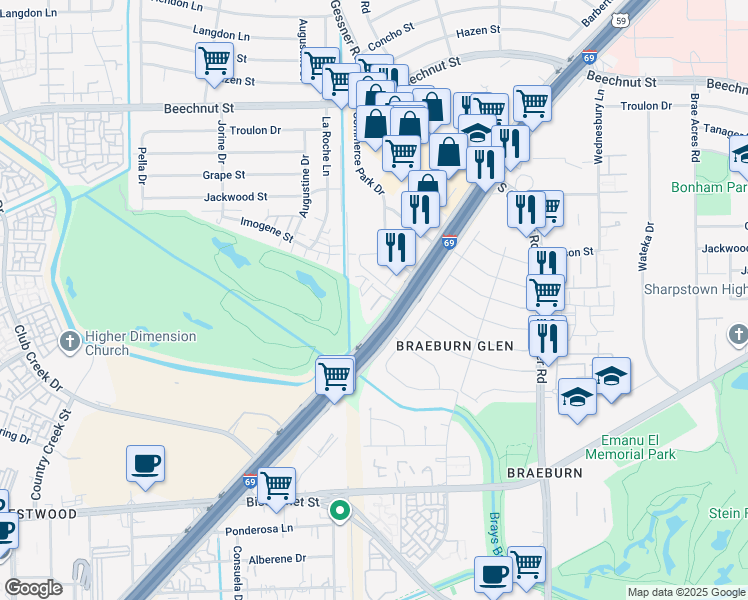 map of restaurants, bars, coffee shops, grocery stores, and more near 9116 Southwest Freeway in Houston