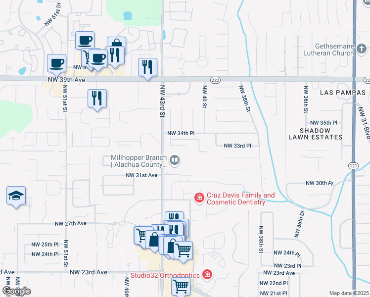 map of restaurants, bars, coffee shops, grocery stores, and more near 4107 Northwest 33rd Place in Gainesville