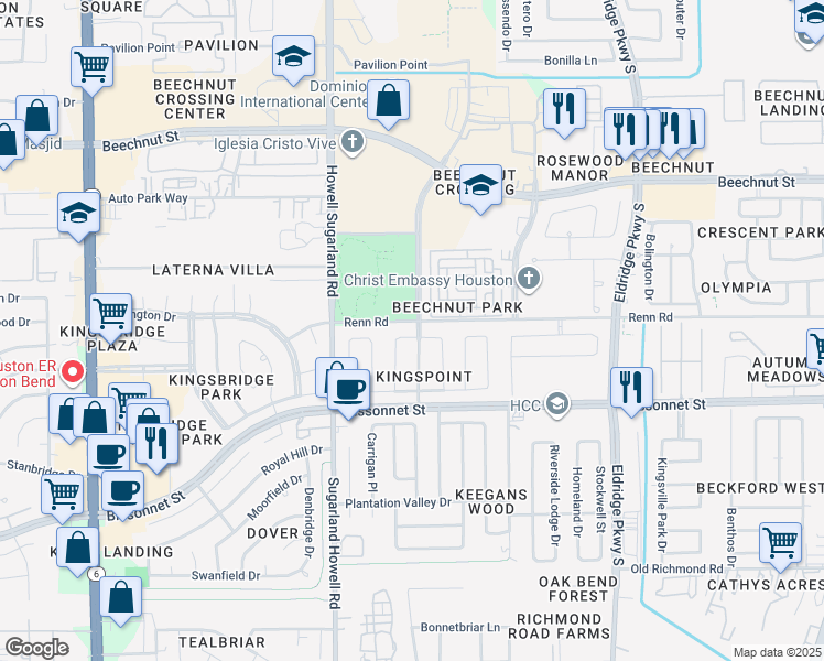 map of restaurants, bars, coffee shops, grocery stores, and more near 13902 Greenside Drive in Houston