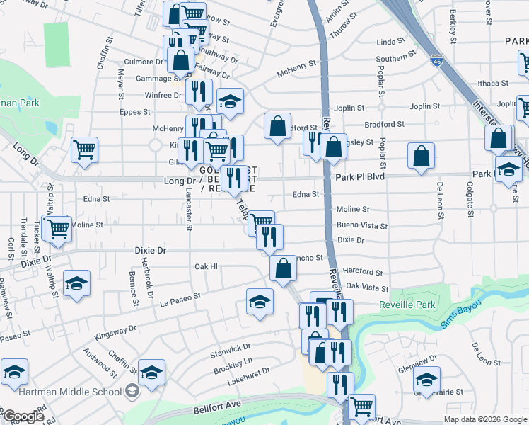 map of restaurants, bars, coffee shops, grocery stores, and more near 7433 Moline Street in Houston