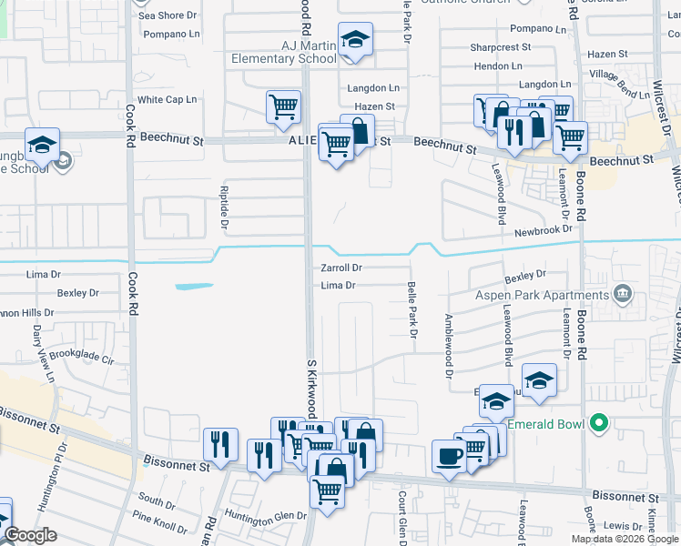 map of restaurants, bars, coffee shops, grocery stores, and more near 11807 Zarroll Drive in Houston