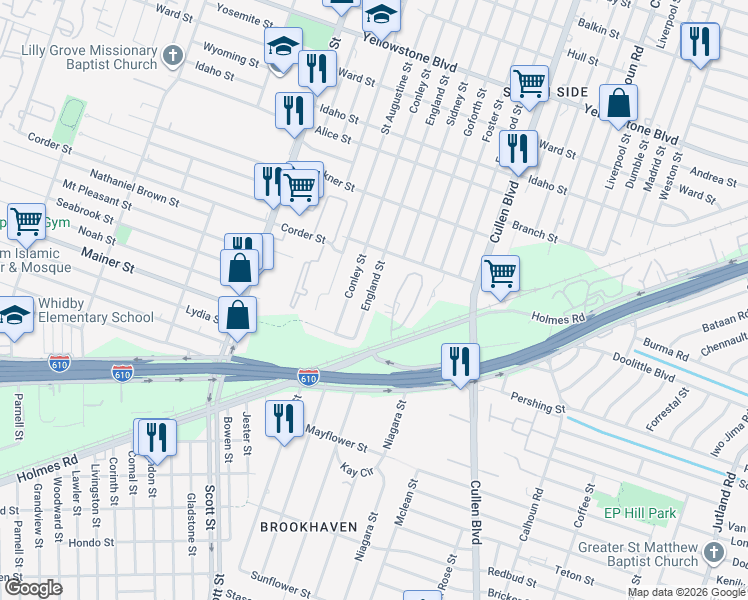 map of restaurants, bars, coffee shops, grocery stores, and more near 4305 Holmes Road in Houston