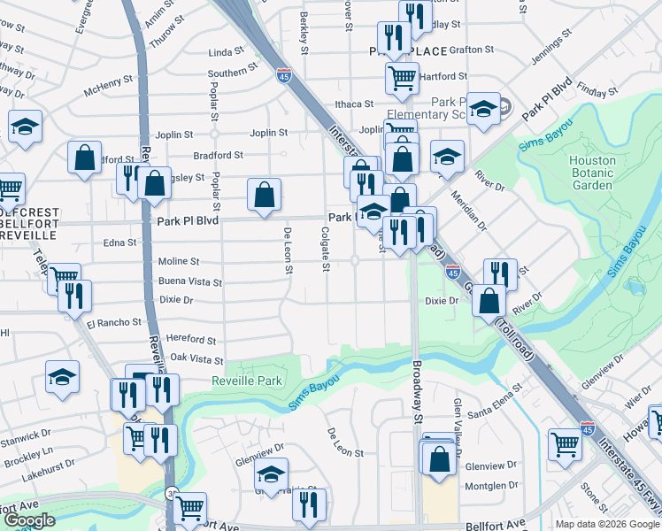 map of restaurants, bars, coffee shops, grocery stores, and more near 4001 Colgate Street in Houston