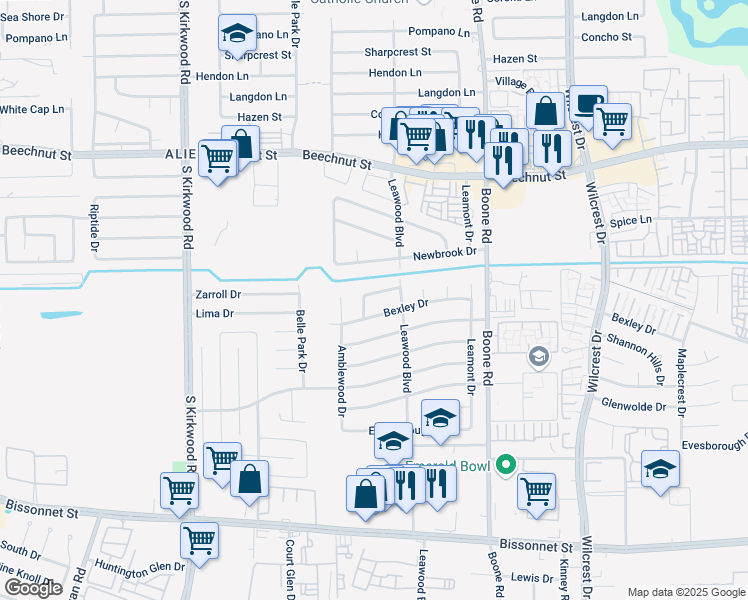 map of restaurants, bars, coffee shops, grocery stores, and more near 11442 Cheviot Circle in Houston