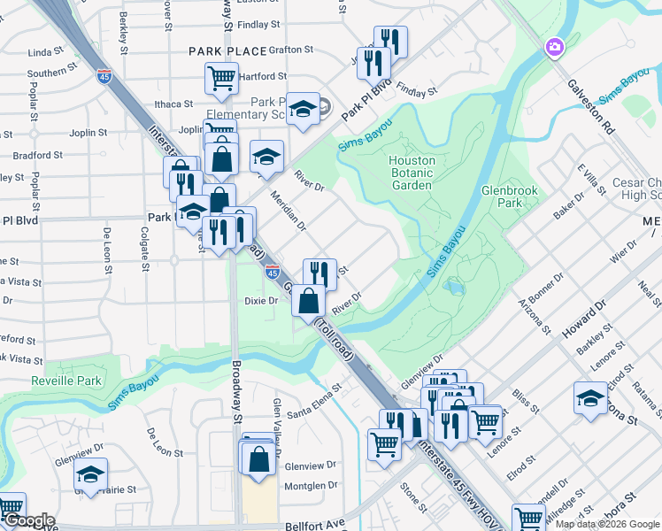 map of restaurants, bars, coffee shops, grocery stores, and more near 4022 Meridian Drive in Houston