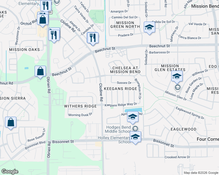 map of restaurants, bars, coffee shops, grocery stores, and more near 16730 Missionary Ridge Lane in Houston