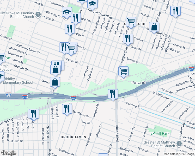 map of restaurants, bars, coffee shops, grocery stores, and more near 4305 Holmes Road in Houston