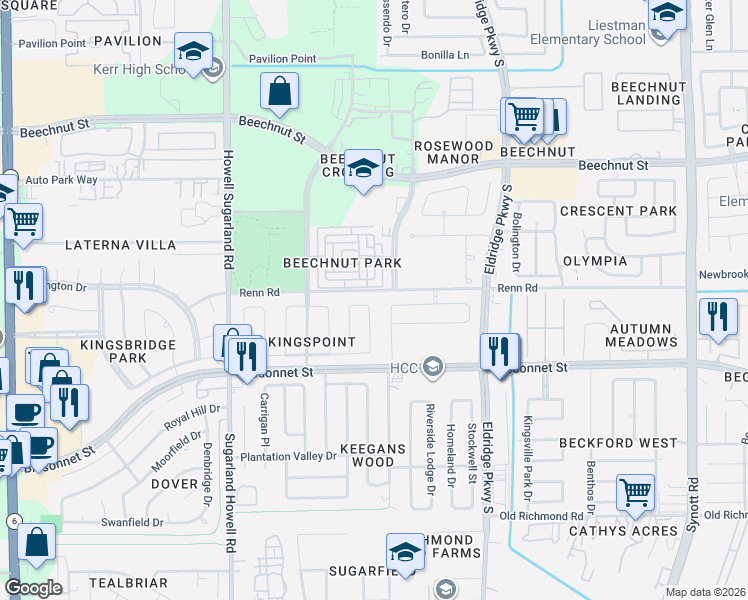 map of restaurants, bars, coffee shops, grocery stores, and more near 8811 Riverwell Circle West in Houston