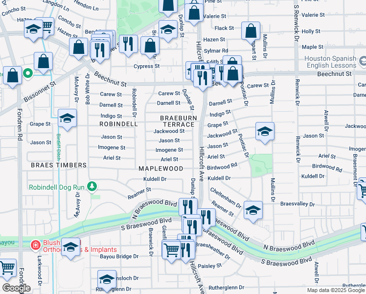 map of restaurants, bars, coffee shops, grocery stores, and more near 5818 Imogene Street in Houston