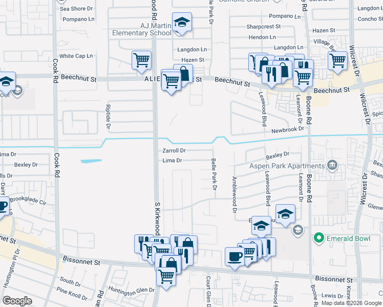 map of restaurants, bars, coffee shops, grocery stores, and more near 11707 Zarroll Drive in Houston