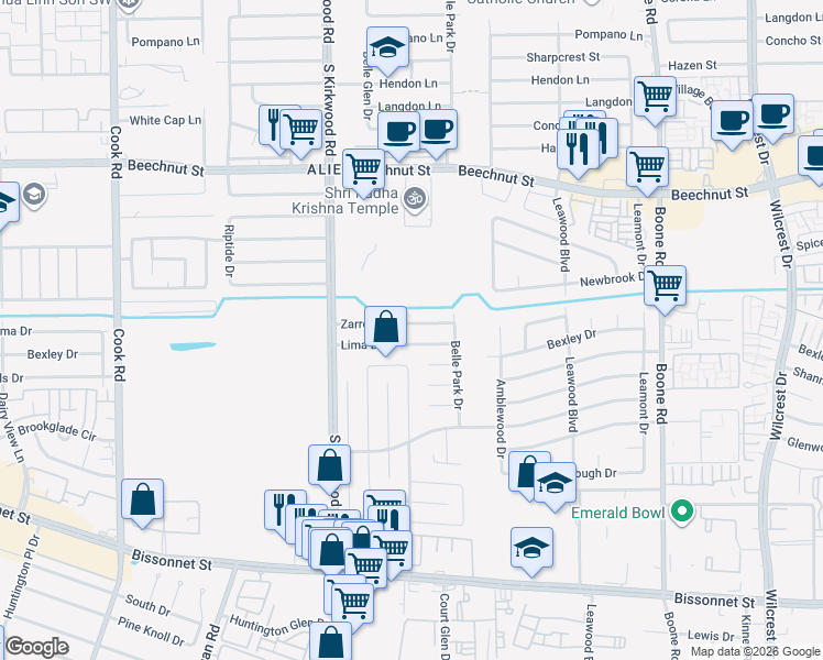 map of restaurants, bars, coffee shops, grocery stores, and more near 11707 Zarroll Drive in Houston