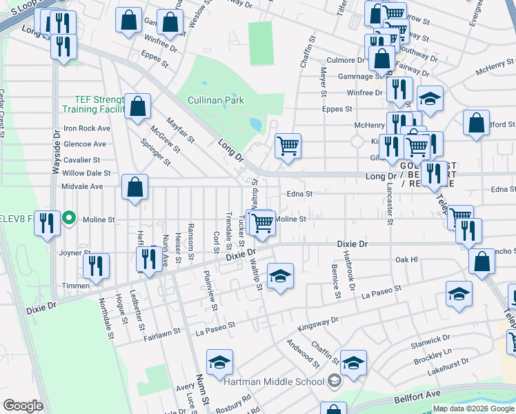 map of restaurants, bars, coffee shops, grocery stores, and more near 5631 Waltrip Street in Houston