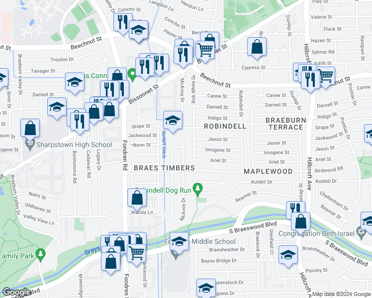map of restaurants, bars, coffee shops, grocery stores, and more near 8807 McAvoy Drive in Houston