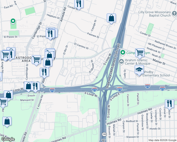 map of restaurants, bars, coffee shops, grocery stores, and more near 8144 El Mundo Street in Houston