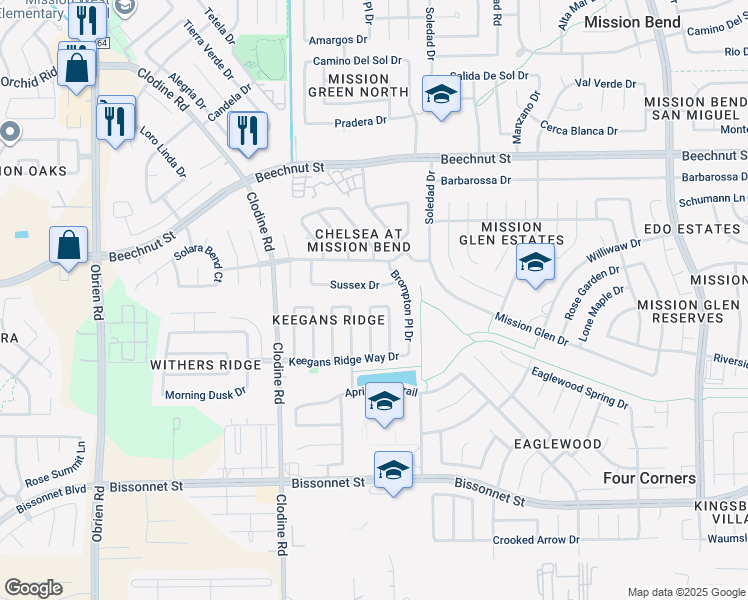 map of restaurants, bars, coffee shops, grocery stores, and more near 16618 Seminary Ridge Ln in Houston