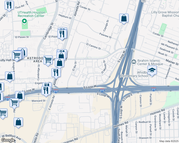 map of restaurants, bars, coffee shops, grocery stores, and more near 8300 El Mundo Street in Houston