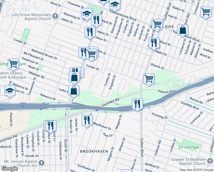 map of restaurants, bars, coffee shops, grocery stores, and more near 7309 Conley Street in Houston