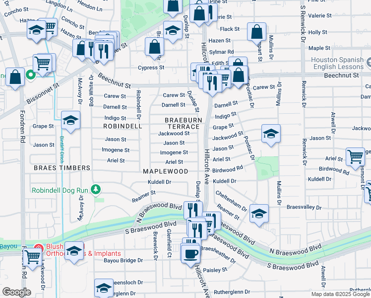 map of restaurants, bars, coffee shops, grocery stores, and more near 5818 Imogene Street in Houston