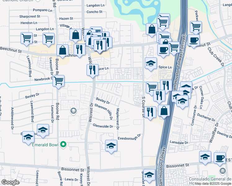 map of restaurants, bars, coffee shops, grocery stores, and more near 8624 Maplecrest Drive in Houston