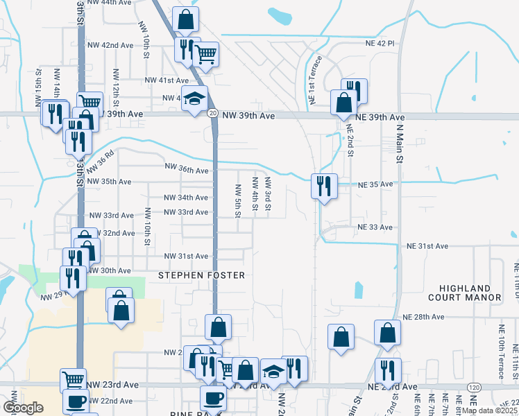 map of restaurants, bars, coffee shops, grocery stores, and more near 3317 Northwest 4th Street in Gainesville