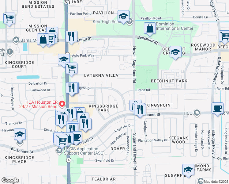 map of restaurants, bars, coffee shops, grocery stores, and more near 14219 Berrington Drive in Houston