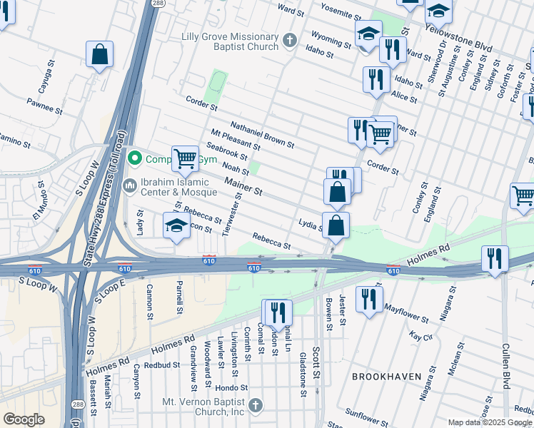 map of restaurants, bars, coffee shops, grocery stores, and more near 3706 Lydia Street in Houston