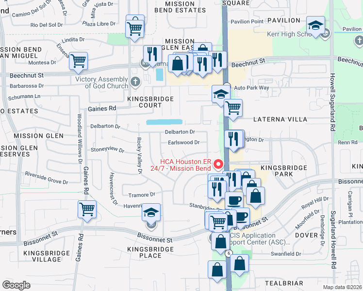 map of restaurants, bars, coffee shops, grocery stores, and more near 14807 Earlswood Drive in Houston