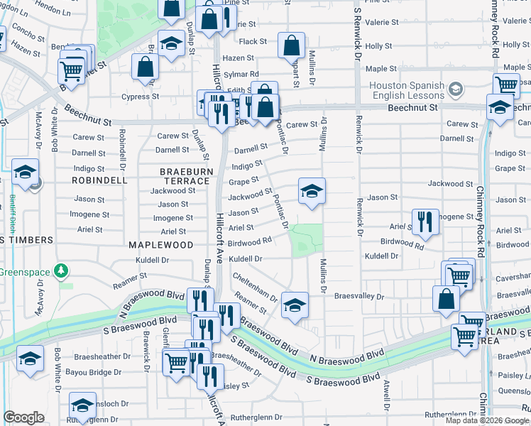 map of restaurants, bars, coffee shops, grocery stores, and more near 5715 Jason Street in Houston
