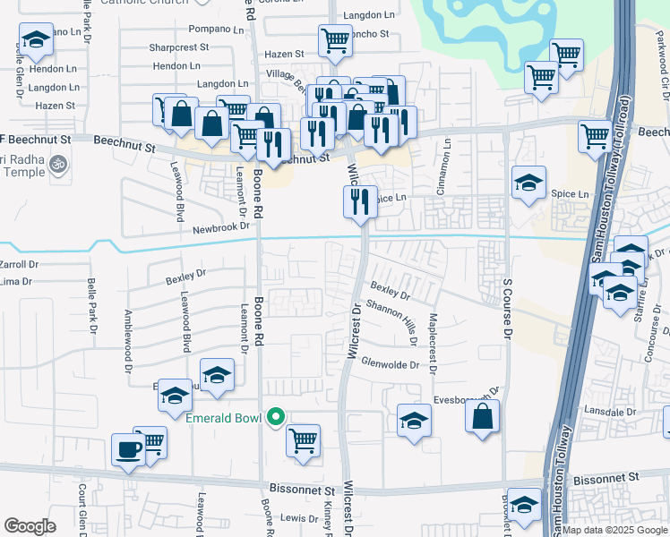 map of restaurants, bars, coffee shops, grocery stores, and more near 10920 Bexley Dr in Houston