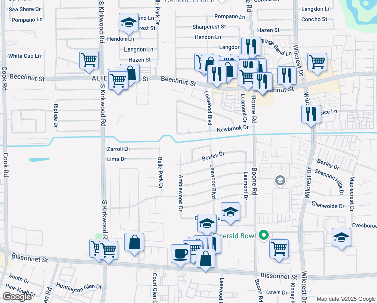 map of restaurants, bars, coffee shops, grocery stores, and more near 11442 Cheviot Circle in Houston